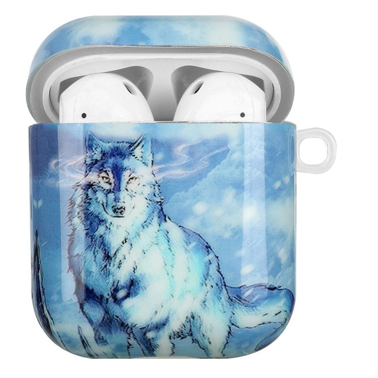 For Apple AirPods with Charging Case (2016)/(2019)/AirPods with Wireless Charging Case (2019) IMD Pattern Printing Earphone Case Soft TPU Protective Cover with Hook - Snow Wolf