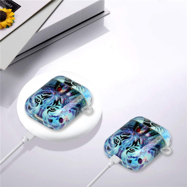 For Apple AirPods with Charging Case (2016)/(2019)/AirPods with Wireless Charging Case (2019) IMD Pattern Printing Earphone Case Soft TPU Protective Cover with Hook - Snow Wolf