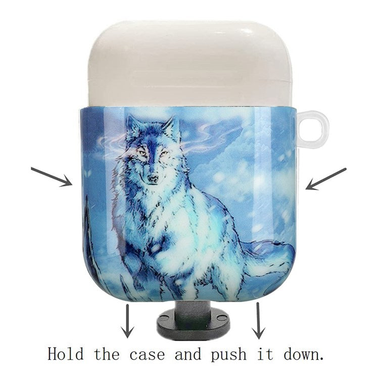 For Apple AirPods with Charging Case (2016)/(2019)/AirPods with Wireless Charging Case (2019) IMD Pattern Printing Earphone Case Soft TPU Protective Cover with Hook - Snow Wolf