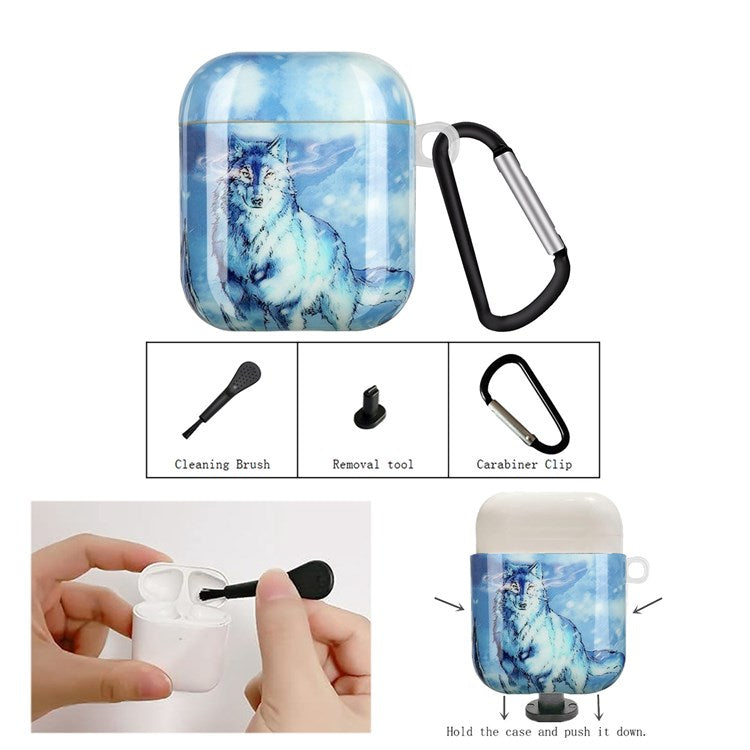 For Apple AirPods with Charging Case (2016)/(2019)/AirPods with Wireless Charging Case (2019) IMD Pattern Printing Earphone Case Soft TPU Protective Cover with Hook - Snow Wolf