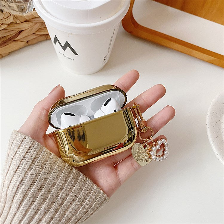 For Apple AirPods Pro Electroplating Earbuds Soft TPU Cover Charging Case Protective Shell with Pendant - Gold/Heart Pendant