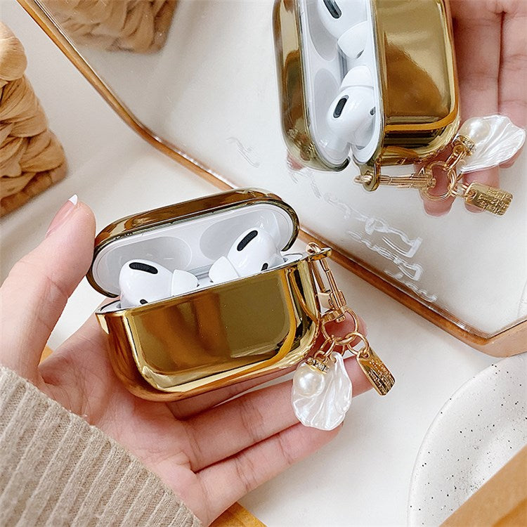 For Apple AirPods Pro Electroplating Earbuds Soft TPU Cover Charging Case Protective Shell with Pendant - Gold/Bell Pendant