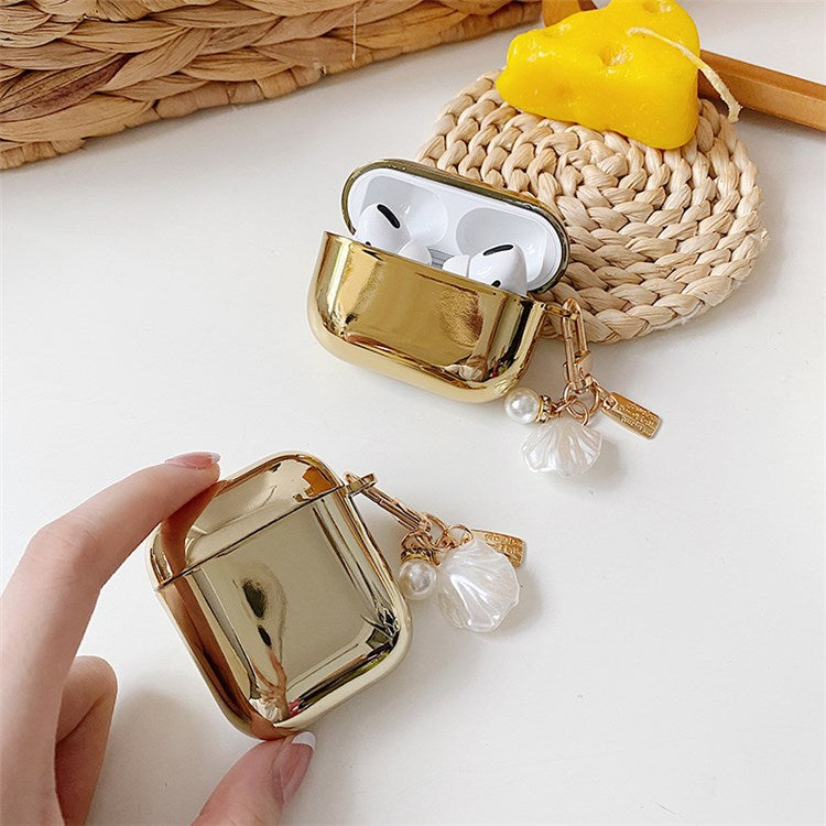 For Apple AirPods Pro Electroplating Earbuds Soft TPU Cover Charging Case Protective Shell with Pendant - Gold/Bell Pendant