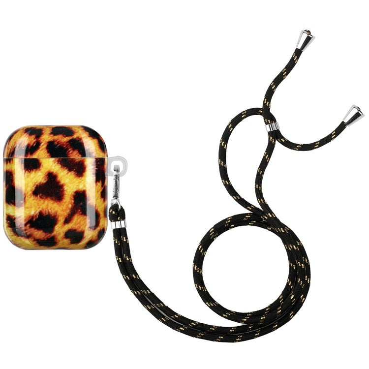 For Apple AirPods with Charging Case (2016)/(2019)/AirPods with Wireless Charging Case (2019) Earphone TPU Case IMD Pattern Printing Protective Cover with Lanyard - Yellow Leopard