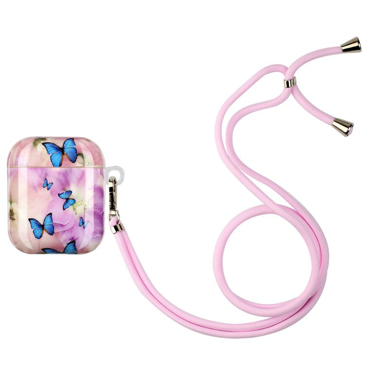 For Apple AirPods with Charging Case (2016)/(2019)/AirPods with Wireless Charging Case (2019) Earphone TPU Case IMD Pattern Printing Protective Cover with Lanyard - Flower and Butterflies