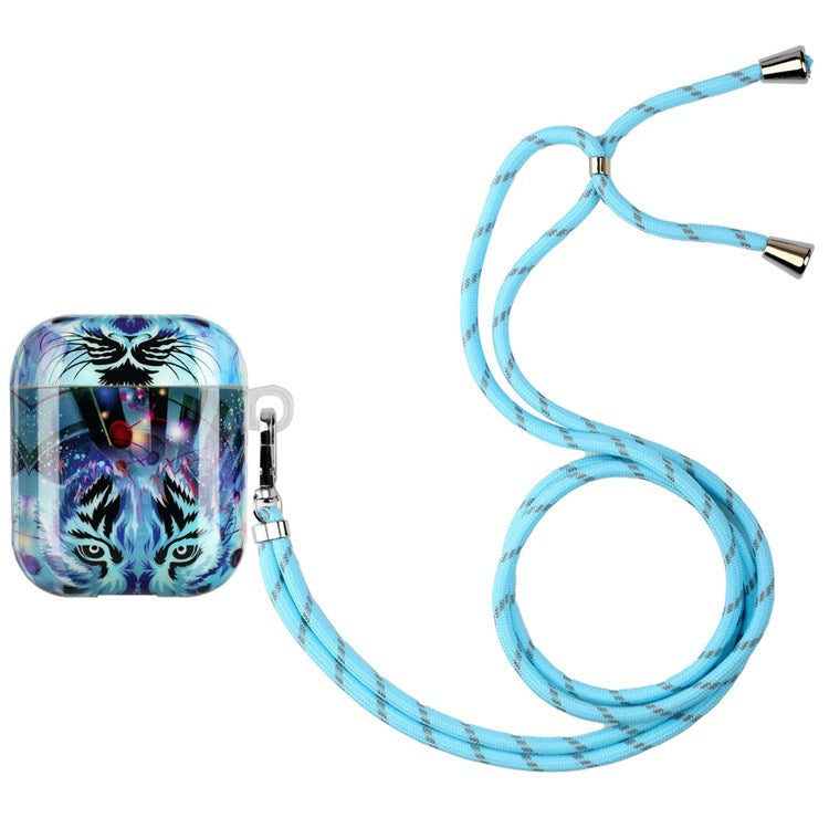 For Apple AirPods with Charging Case (2016)/(2019)/AirPods with Wireless Charging Case (2019) Earphone TPU Case IMD Pattern Printing Protective Cover with Lanyard - Wolf