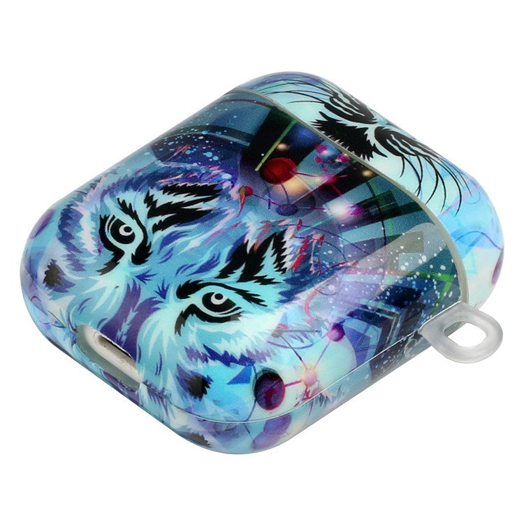 For Apple AirPods with Charging Case (2016)/(2019)/AirPods with Wireless Charging Case (2019) Earphone TPU Case IMD Pattern Printing Protective Cover with Lanyard - Wolf