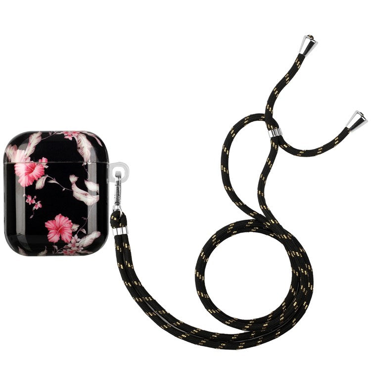 For Apple AirPods with Charging Case (2016)/(2019)/AirPods with Wireless Charging Case (2019) Earphone TPU Case IMD Pattern Printing Protective Cover with Lanyard - Rhododendron