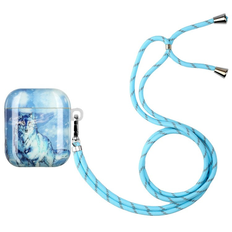 For Apple AirPods with Charging Case (2016)/(2019)/AirPods with Wireless Charging Case (2019) Earphone TPU Case IMD Pattern Printing Protective Cover with Lanyard - Snow Wolf