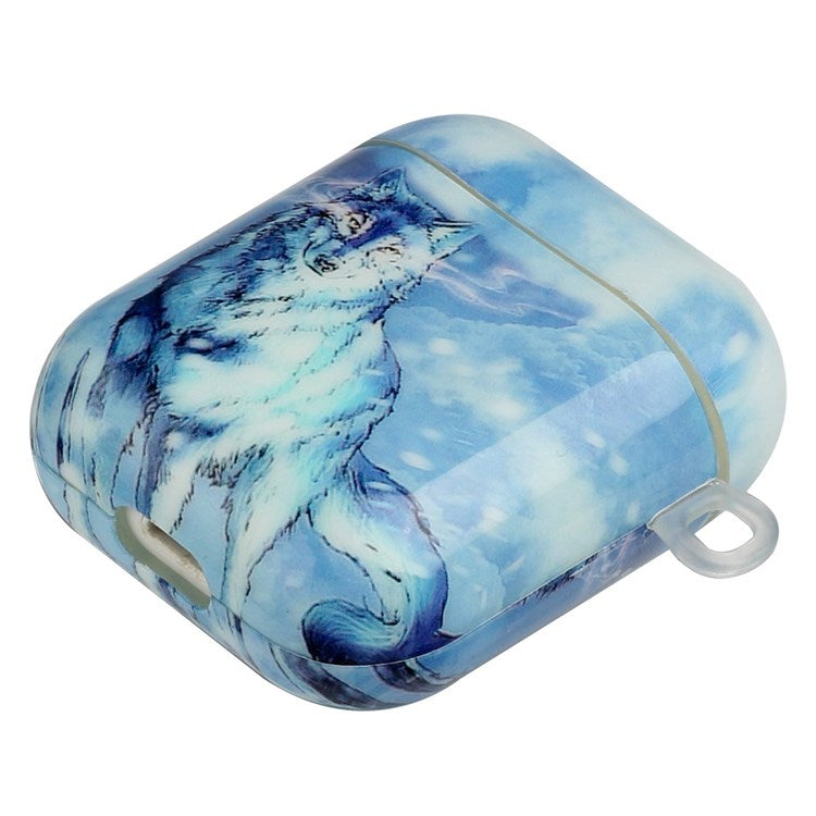 For Apple AirPods with Charging Case (2016)/(2019)/AirPods with Wireless Charging Case (2019) Earphone TPU Case IMD Pattern Printing Protective Cover with Lanyard - Snow Wolf