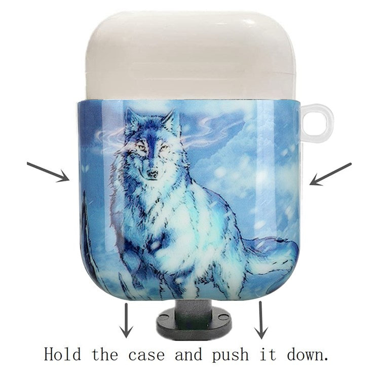 For Apple AirPods with Charging Case (2016)/(2019)/AirPods with Wireless Charging Case (2019) Earphone TPU Case IMD Pattern Printing Protective Cover with Lanyard - Snow Wolf