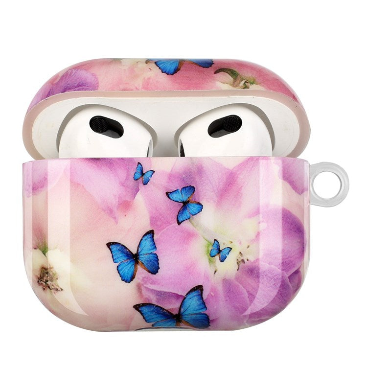 For Apple AirPods 3 Earphone Protective Case IMD Pattern Printing Charging Box TPU Protective Cover with Lanyard - Flower and Butterflies