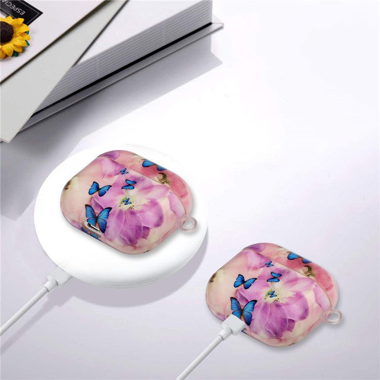 For Apple AirPods 3 Earphone Protective Case IMD Pattern Printing Charging Box TPU Protective Cover with Lanyard - Flower and Butterflies