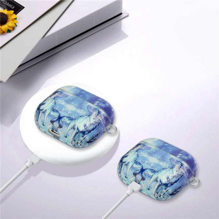 For Apple AirPods 3 Earphone Protective Case IMD Pattern Printing Charging Box TPU Protective Cover with Lanyard - Snow Wolf