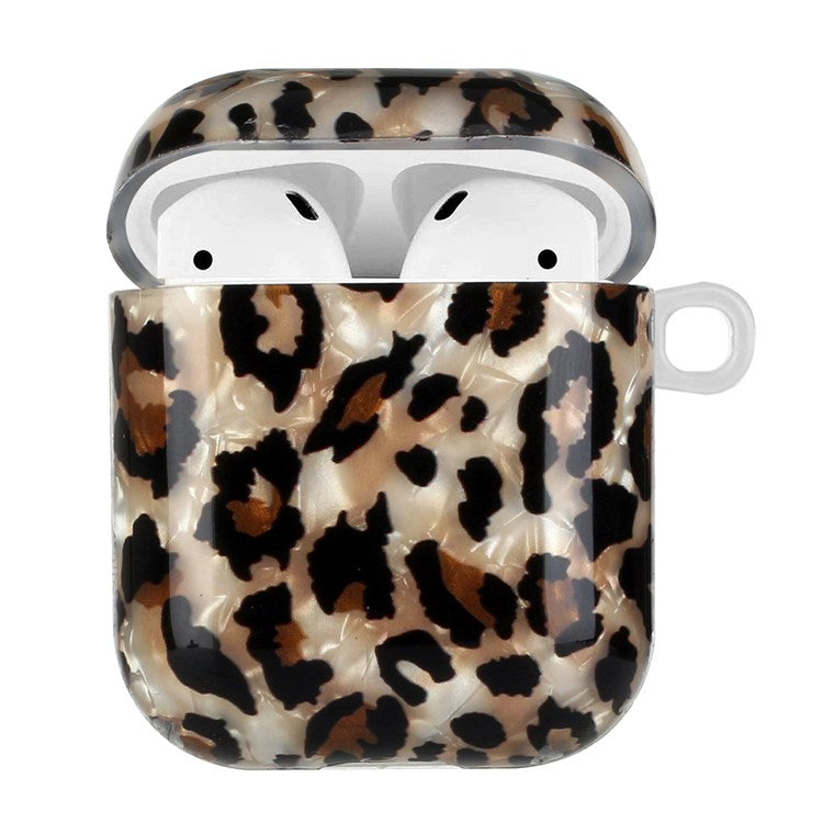 For Apple AirPods with Charging Case (2016)/(2019)/AirPods with Wireless Charging Case (2019) Stylish Shell Grain Pattern Printing IMD TPU Earphone Case Protector with Lanyard - Leopard