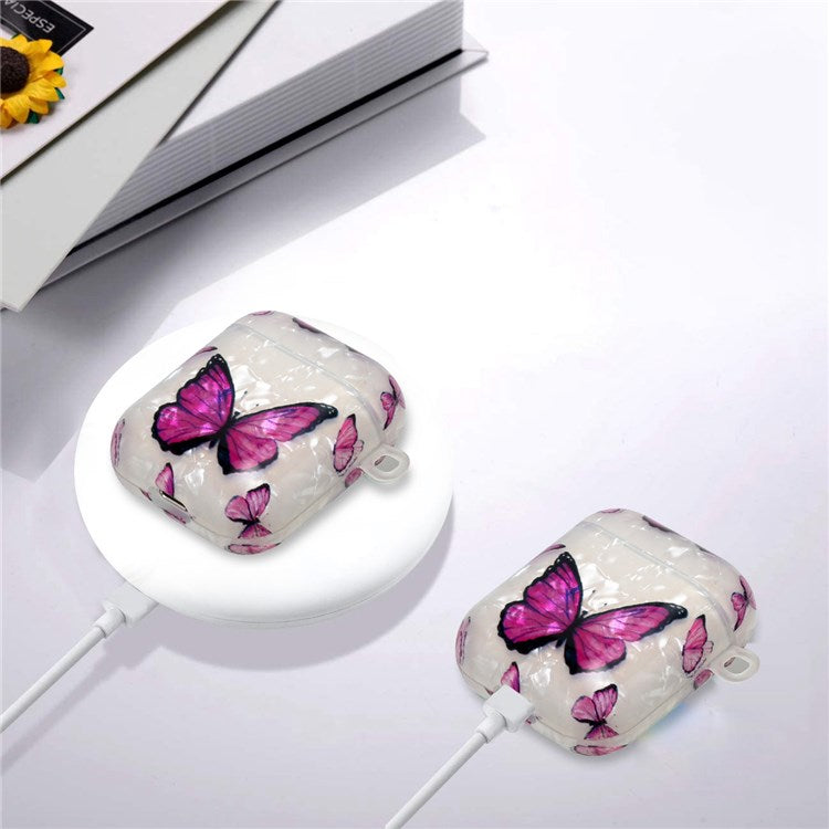 For Apple AirPods with Charging Case (2016)/(2019)/AirPods with Wireless Charging Case (2019) Stylish Shell Grain Pattern Printing IMD TPU Earphone Case Protector with Lanyard - Purple Butterfly