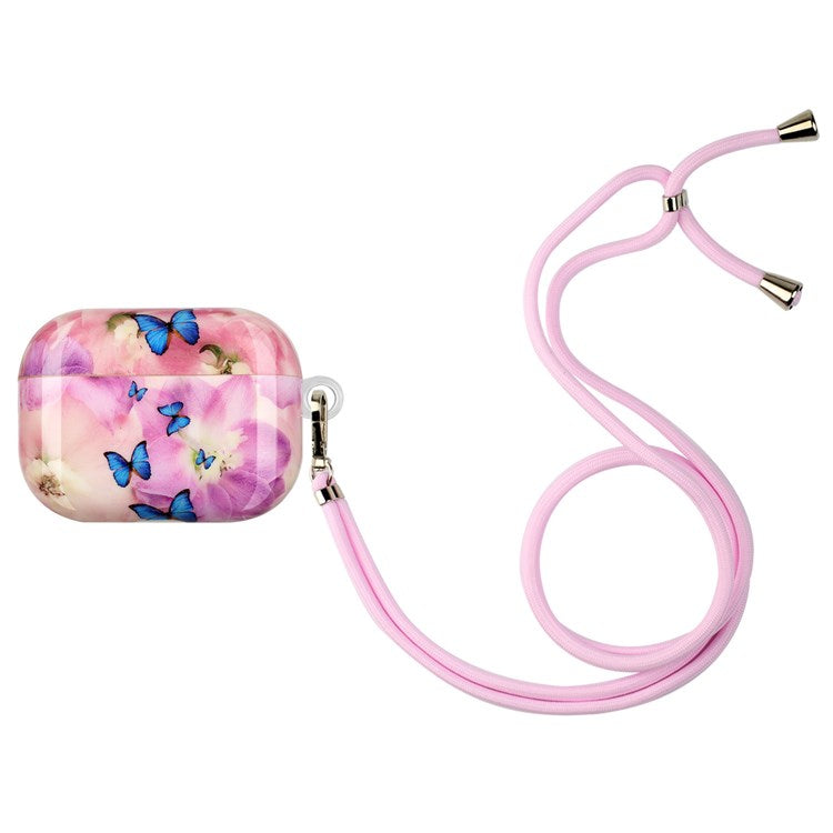 For Apple AirPods Pro Pattern Printing IMD TPU Earphone Case Anti-drop Charging Box Shell Protector with Lanyard - Flower and Butterflies