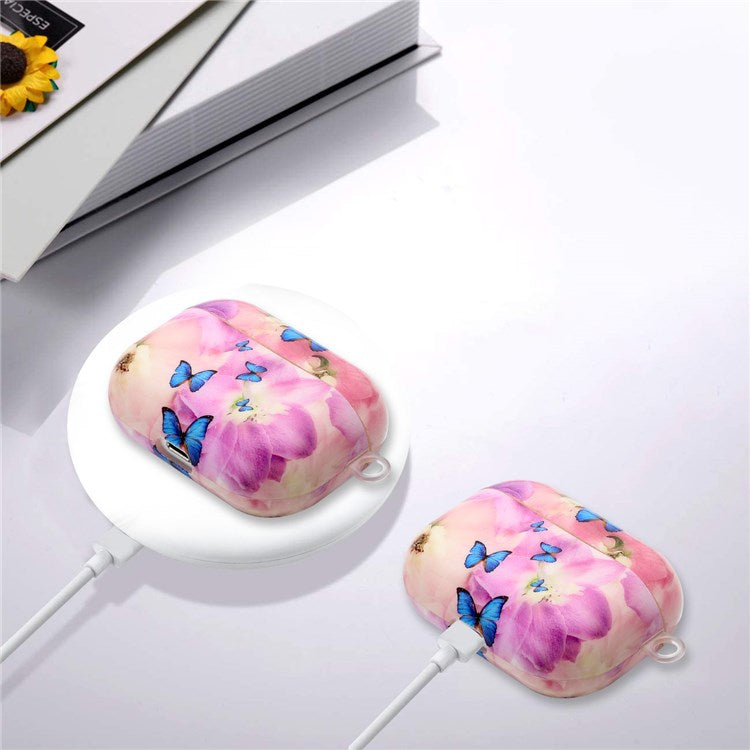 For Apple AirPods Pro Pattern Printing IMD TPU Earphone Case Anti-drop Charging Box Shell Protector with Lanyard - Flower and Butterflies