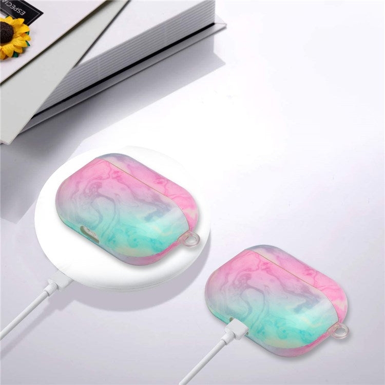 For Apple AirPods Pro Pattern Printing IMD TPU Earphone Case Anti-drop Charging Box Shell Protector with Lanyard - Pink Green Marble