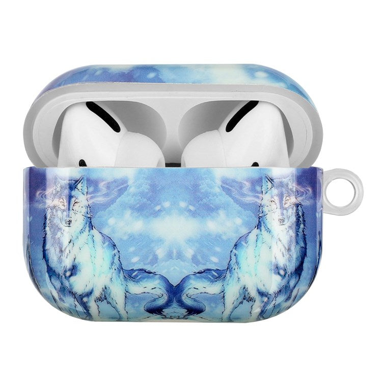 For Apple AirPods Pro Pattern Printing IMD TPU Earphone Case Anti-drop Charging Box Shell Protector with Lanyard - Snow Wolf