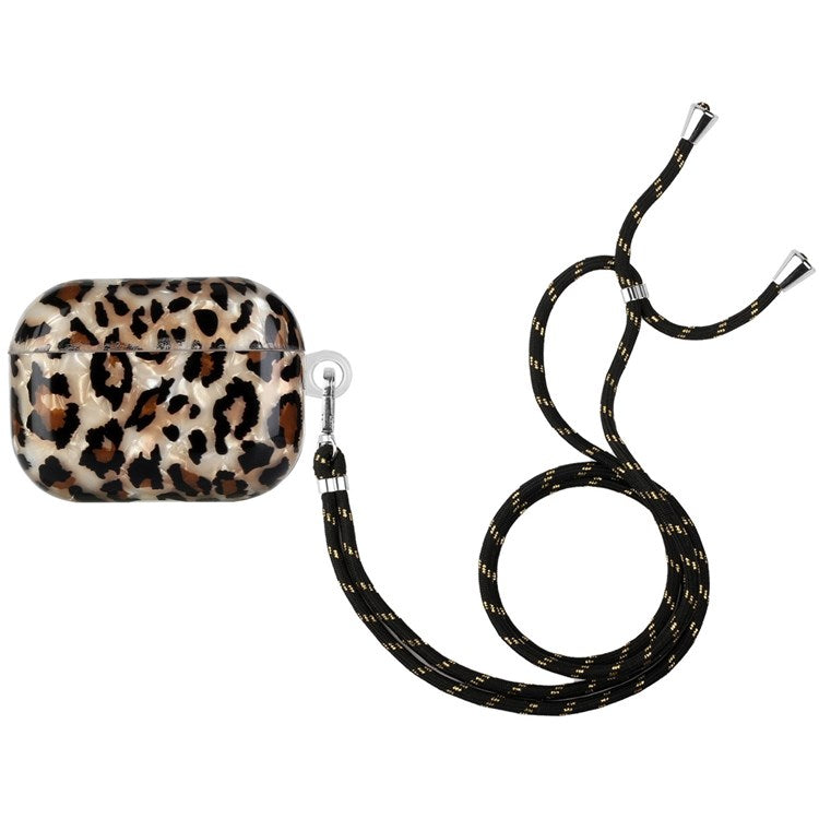 For Apple AirPods Pro Pattern Printing IMD Shell Grain TPU Earphone Case Anti-fall Charging Box Protector with Lanyard - Leopard