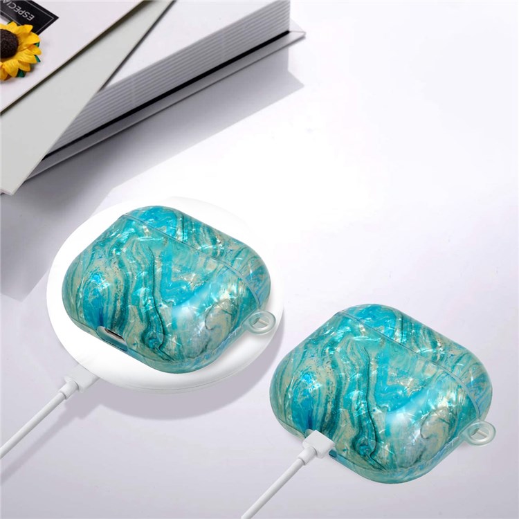 For Apple AirPods Pro Pattern Printing IMD Shell Grain TPU Earphone Case Anti-fall Charging Box Protector with Lanyard - Luxurious Marble