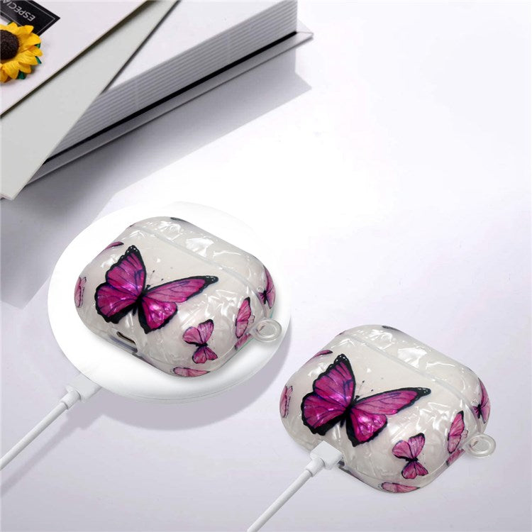 For Apple AirPods Pro Pattern Printing IMD Shell Grain TPU Earphone Case Anti-fall Charging Box Protector with Lanyard - Purple Butterfly