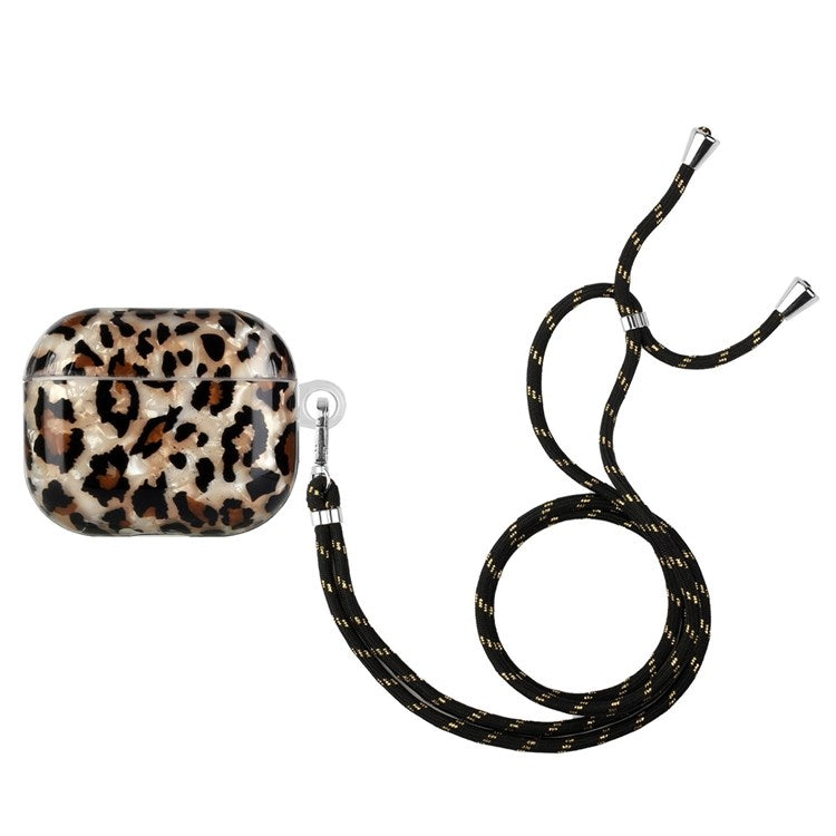 For Apple AirPods 3 Shell Grain Pattern Printing IMD TPU Earphone Case Anti-scratch Charging Box Protector with Lanyard - Leopard