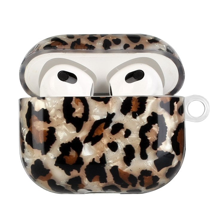 For Apple AirPods 3 Shell Grain Pattern Printing IMD TPU Earphone Case Anti-scratch Charging Box Protector with Lanyard - Leopard