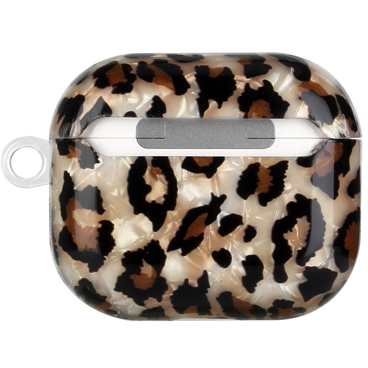 For Apple AirPods 3 Shell Grain Pattern Printing IMD TPU Earphone Case Anti-scratch Charging Box Protector with Lanyard - Leopard