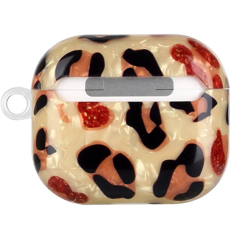 For Apple AirPods 3 Shell Grain Pattern Printing IMD TPU Earphone Case Anti-scratch Charging Box Protector with Lanyard - Yellow Leopard