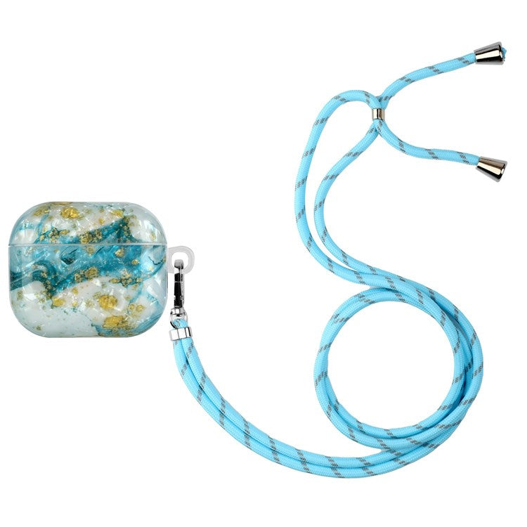 For Apple AirPods 3 Shell Grain Pattern Printing IMD TPU Earphone Case Anti-scratch Charging Box Protector with Lanyard - Blue/Gold Marble