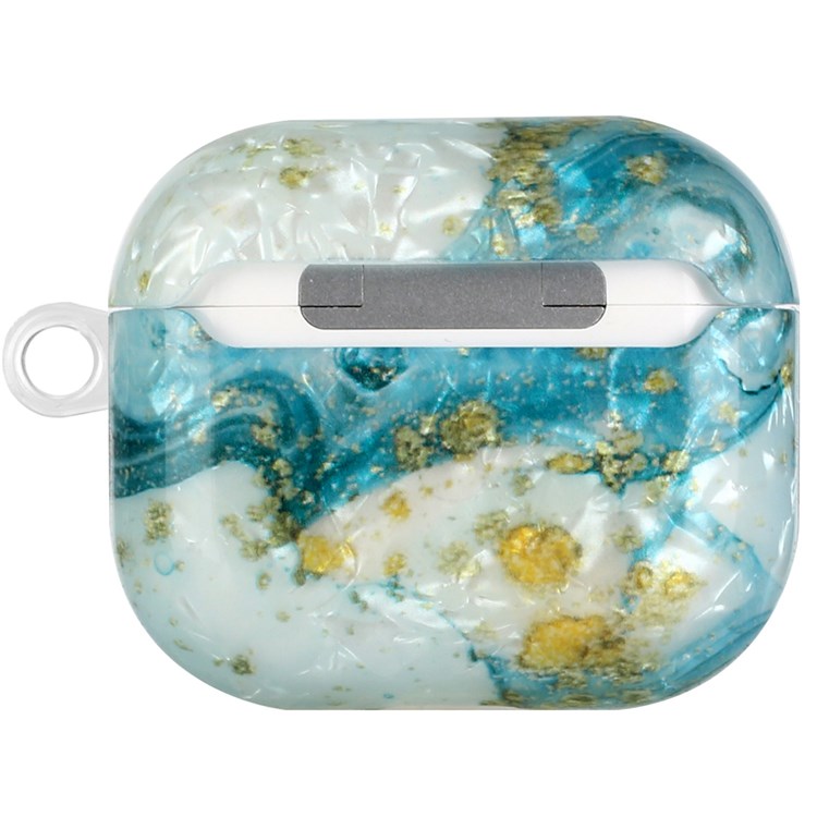 For Apple AirPods 3 Shell Grain Pattern Printing IMD TPU Earphone Case Anti-scratch Charging Box Protector with Lanyard - Blue/Gold Marble