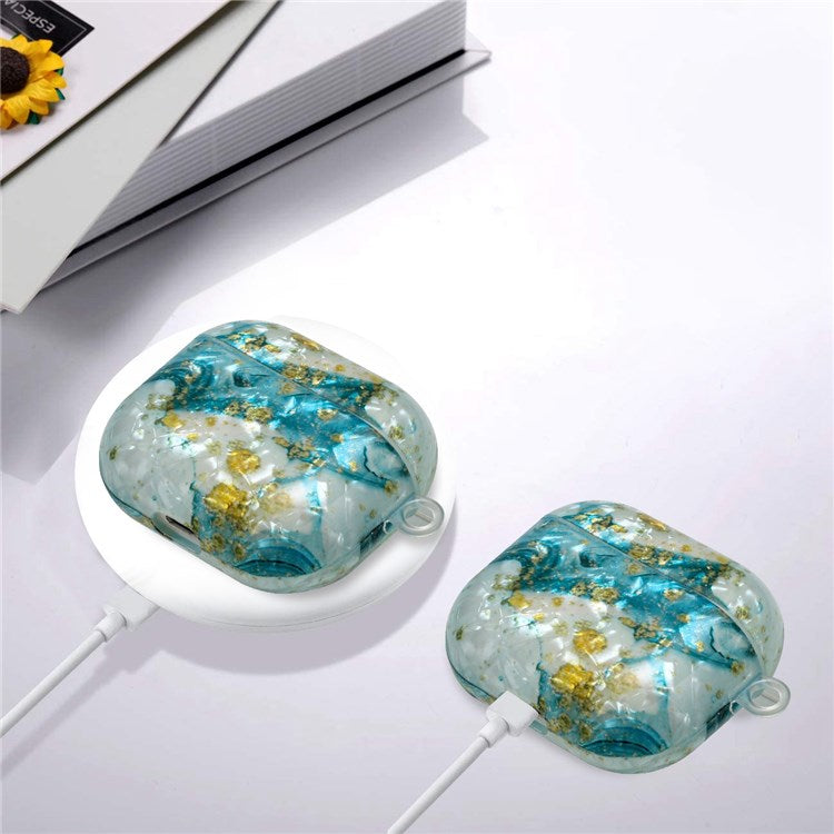 For Apple AirPods 3 Shell Grain Pattern Printing IMD TPU Earphone Case Anti-scratch Charging Box Protector with Lanyard - Blue/Gold Marble