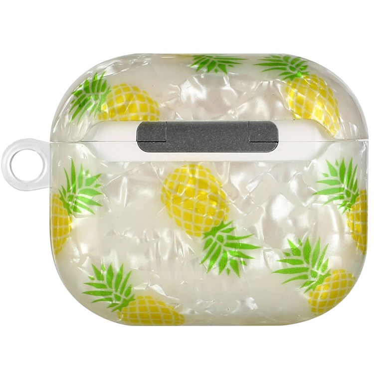 For Apple AirPods 3 Shell Grain Pattern Printing IMD TPU Earphone Case Anti-scratch Charging Box Protector with Lanyard - Pineapple