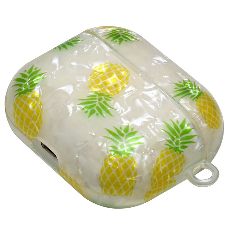 For Apple AirPods 3 Shell Grain Pattern Printing IMD TPU Earphone Case Anti-scratch Charging Box Protector with Lanyard - Pineapple