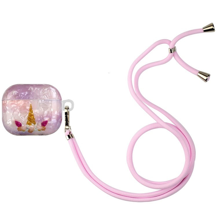 For Apple AirPods 3 Shell Grain Pattern Printing IMD TPU Earphone Case Anti-scratch Charging Box Protector with Lanyard - Unicorn