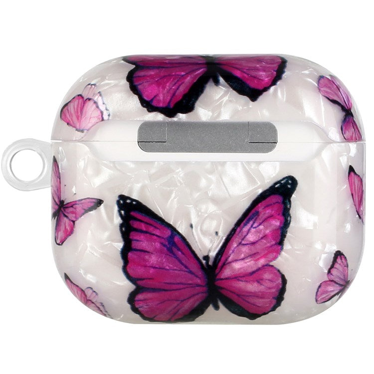 For Apple AirPods 3 Shell Grain Pattern Printing IMD TPU Earphone Case Anti-scratch Charging Box Protector with Lanyard - Purple Butterfly