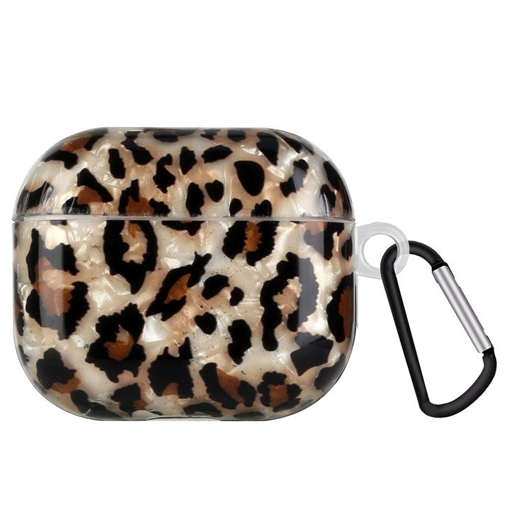 Anti-fall Earphone Case for Apple AirPods 3, Pattern Printed IMD Shell Grain TPU Cover Earbud Protector with Hook - Leopard