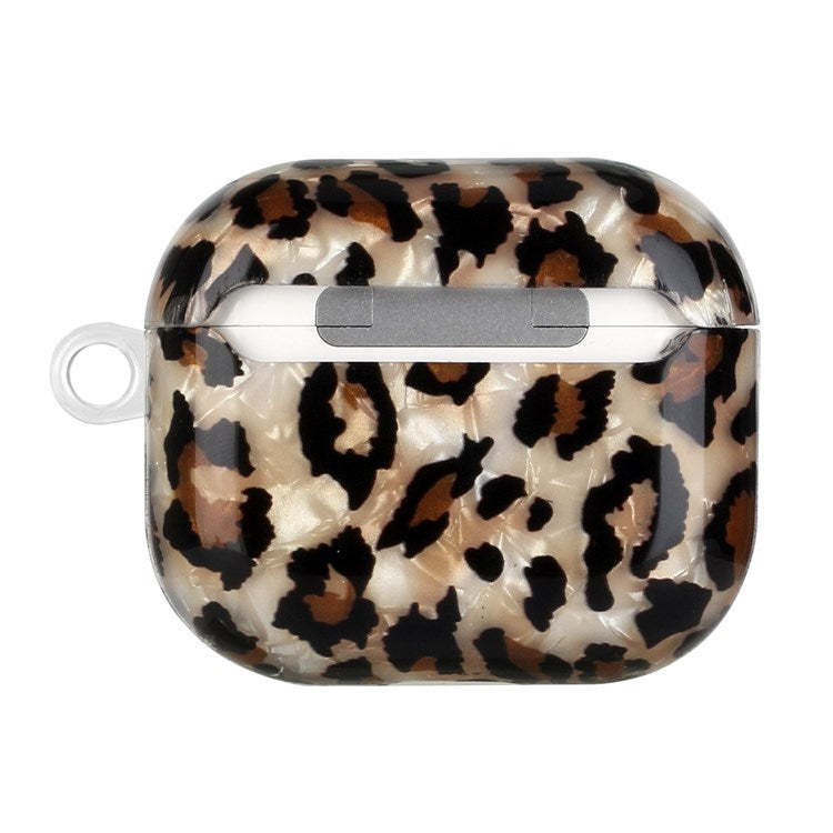 Anti-fall Earphone Case for Apple AirPods 3, Pattern Printed IMD Shell Grain TPU Cover Earbud Protector with Hook - Leopard