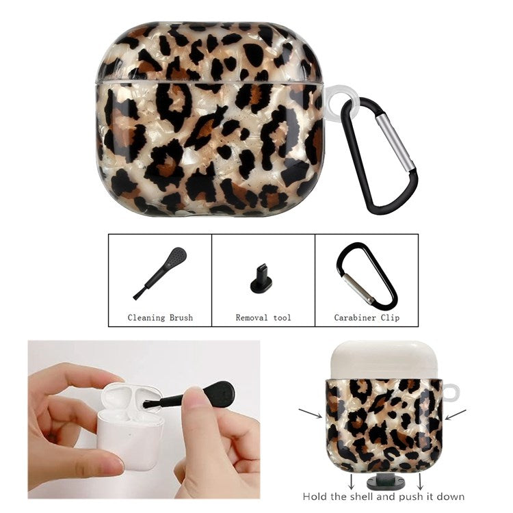 Anti-fall Earphone Case for Apple AirPods 3, Pattern Printed IMD Shell Grain TPU Cover Earbud Protector with Hook - Leopard