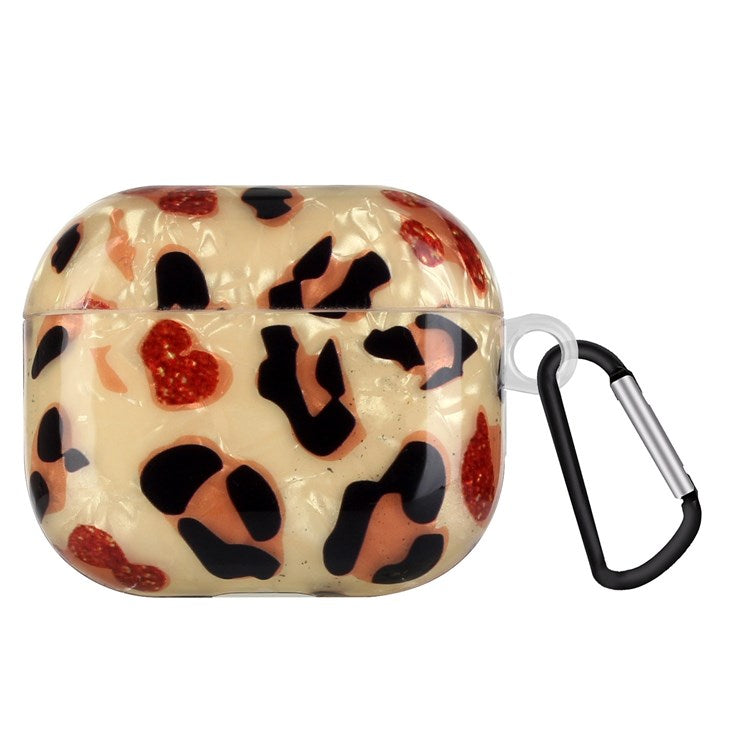 Anti-fall Earphone Case for Apple AirPods 3, Pattern Printed IMD Shell Grain TPU Cover Earbud Protector with Hook - Yellow Leopard