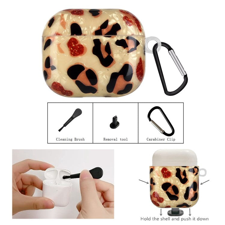 Anti-fall Earphone Case for Apple AirPods 3, Pattern Printed IMD Shell Grain TPU Cover Earbud Protector with Hook - Yellow Leopard