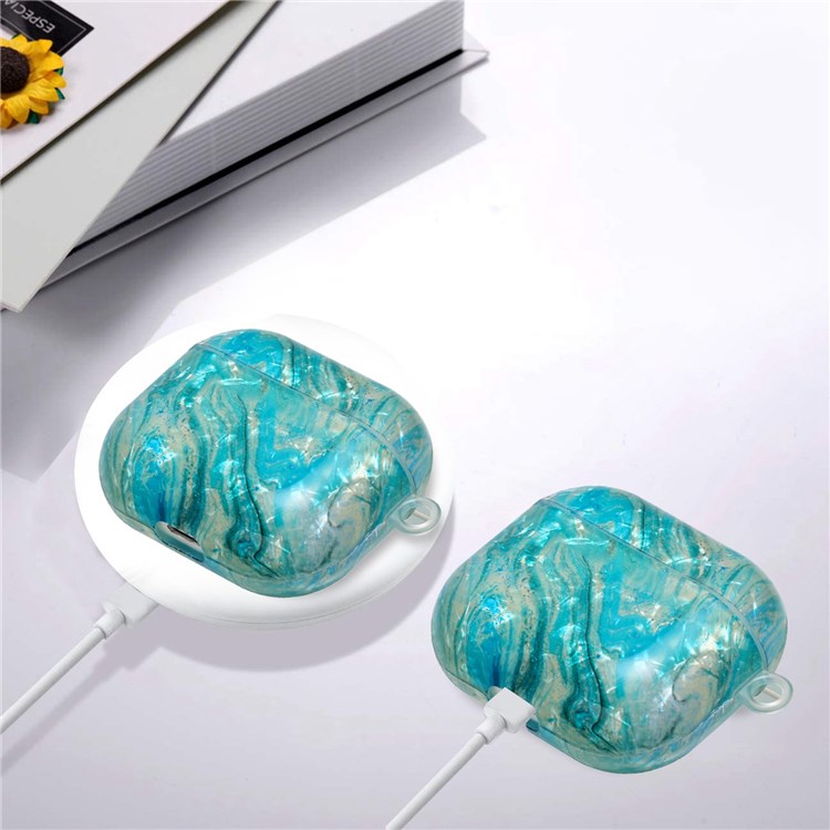 Anti-fall Earphone Case for Apple AirPods 3, Pattern Printed IMD Shell Grain TPU Cover Earbud Protector with Hook - Luxurious Marble