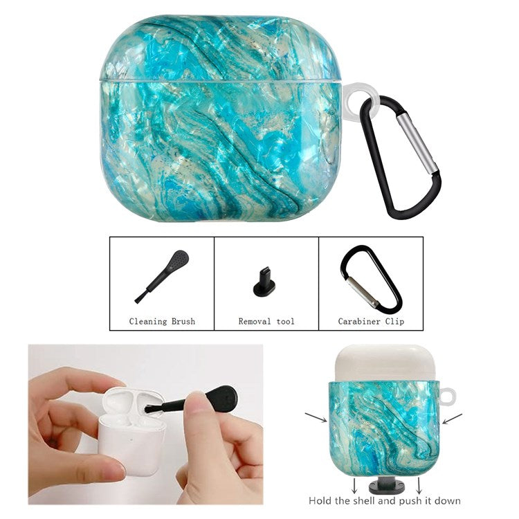 Anti-fall Earphone Case for Apple AirPods 3, Pattern Printed IMD Shell Grain TPU Cover Earbud Protector with Hook - Luxurious Marble