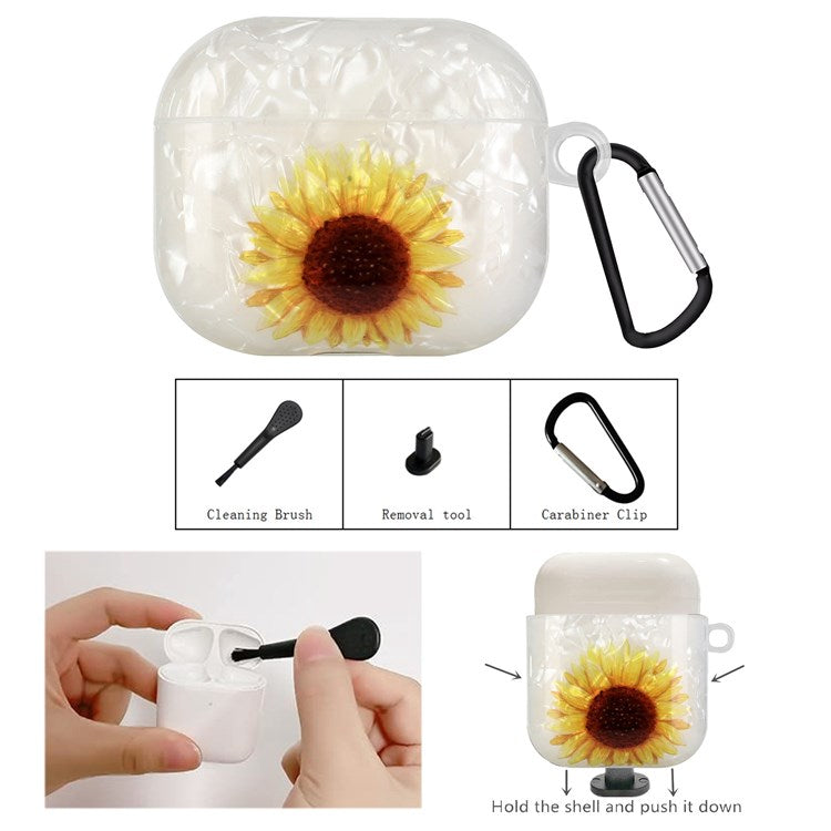 Anti-fall Earphone Case for Apple AirPods 3, Pattern Printed IMD Shell Grain TPU Cover Earbud Protector with Hook - Yellow Sunflower