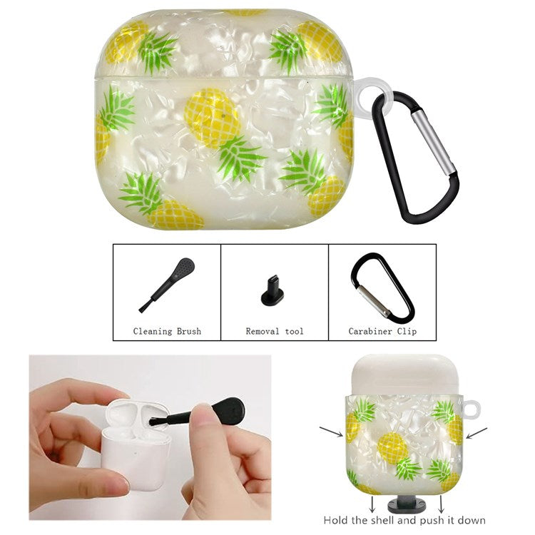 Anti-fall Earphone Case for Apple AirPods 3, Pattern Printed IMD Shell Grain TPU Cover Earbud Protector with Hook - Pineapple