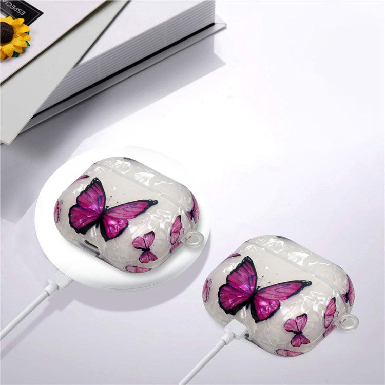 Anti-fall Earphone Case for Apple AirPods 3, Pattern Printed IMD Shell Grain TPU Cover Earbud Protector with Hook - Purple Butterfly