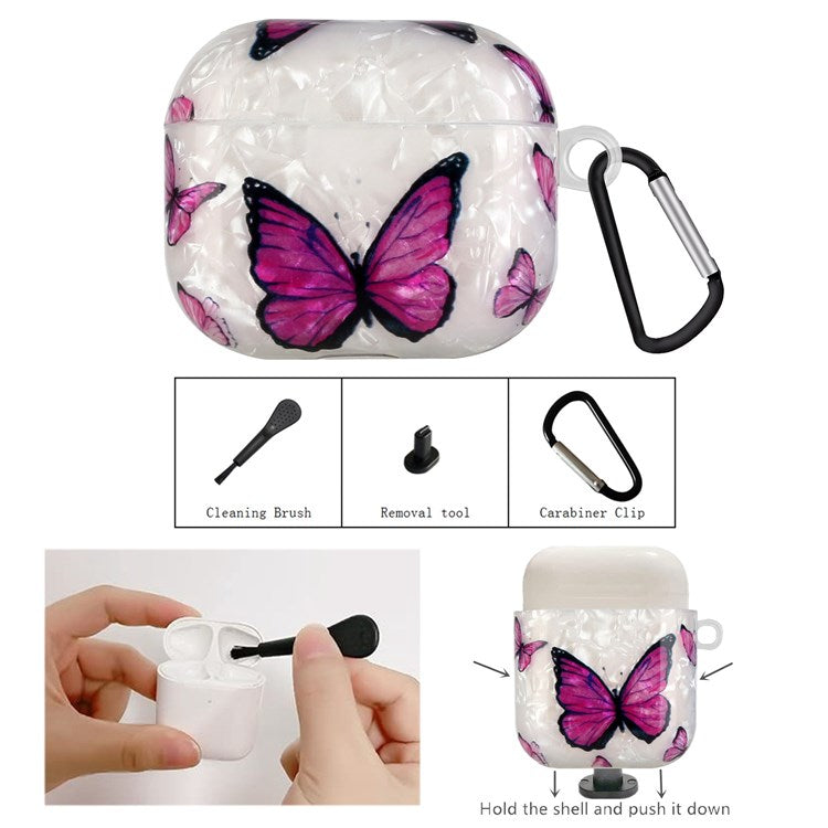 Anti-fall Earphone Case for Apple AirPods 3, Pattern Printed IMD Shell Grain TPU Cover Earbud Protector with Hook - Purple Butterfly