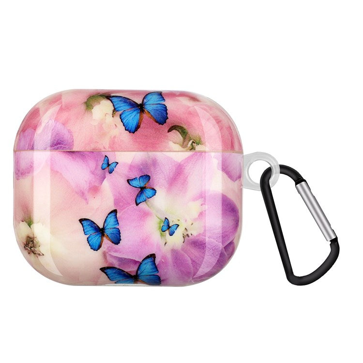 Protective Earphone Case for Apple AirPods 3, Pattern Printed IMD TPU Cover Earbud Protector with Hook - Flower and Butterflies